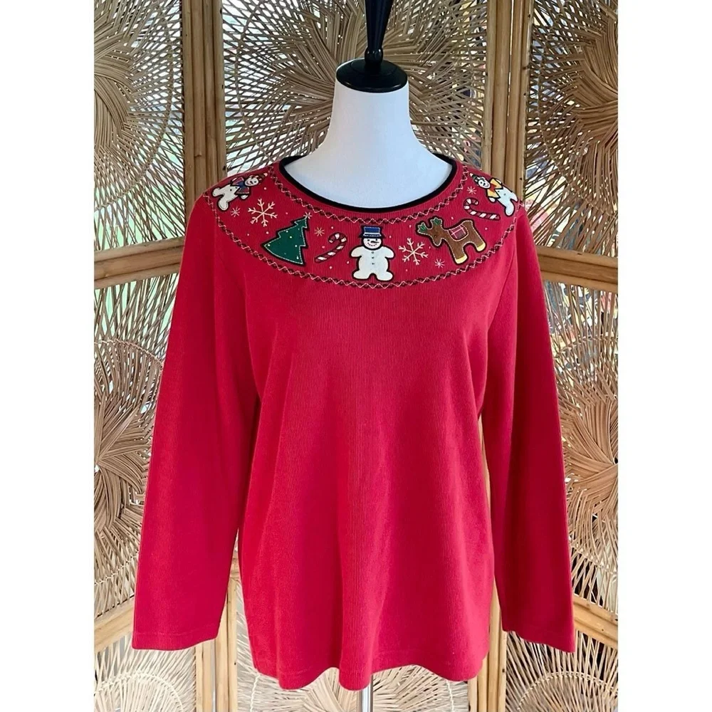 Vintage Moving Bleu Red Ribbed Long Sleeve Shirt Embroidered Christmas Designs - Picture 2 of 7